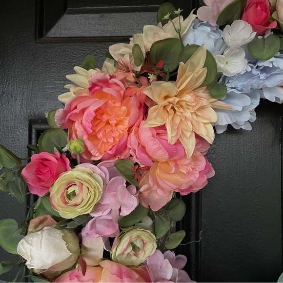 Spring Floral Roses Peony Hydrangeas Mums Door Handcrafted Grapevine Wreath - Picture 3 of 7